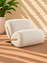 Load image into Gallery viewer, Image 1 of 5: Adele Lounge Chair in Vanilla Oat polyester fabric with sculptural curved form and natural wood frame
