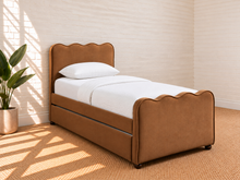 Load image into Gallery viewer, Albie Twin Trundle Bed in Toasted Cognac mohair velvet with scalloped headboard and footboard
