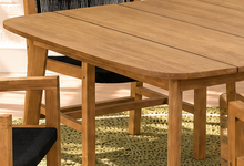 Load image into Gallery viewer, Alessia warm teak outdoor dining table with four black woven rope armchairs
