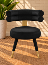 Load image into Gallery viewer, Althea Midnight Black velvet dining chair with deep channel tufted back and gold metal leg details
