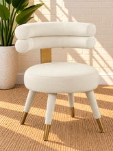 Load image into Gallery viewer, Althea Pearl Cream velvet dining chair with deep channel tufted back and gold metal leg details
