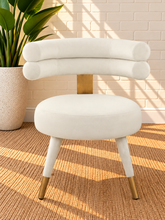 Load image into Gallery viewer, Althea Pearl Cream velvet dining chair with deep channel tufted back and gold metal leg details
