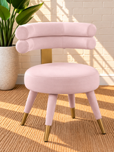 Load image into Gallery viewer, Althea Powder Rose velvet dining chair with deep channel tufted back and gold metal leg details
