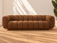 Load image into Gallery viewer, Amanda Sofa in terracotta chenille with rounded upholstered arms, channel-style back cushions and a low contemporary profile.

