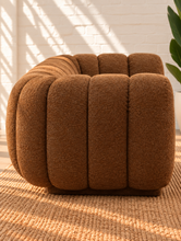 Load image into Gallery viewer, Amanda Sofa in terracotta chenille with rounded upholstered arms, channel-style back cushions and a low contemporary profile.
