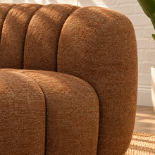 Load image into Gallery viewer, Amanda Sofa in terracotta chenille with rounded upholstered arms, channel-style back cushions and a low contemporary profile.
