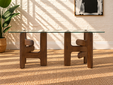 Load image into Gallery viewer, Amani rectangular glass dining table with sculptural solid rubberwood double pedestal base in walnut finish.
