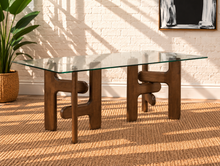 Load image into Gallery viewer, Amani rectangular glass dining table with sculptural solid rubberwood double pedestal base in walnut finish.

