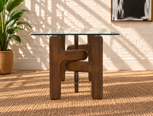Load image into Gallery viewer, Amani rectangular glass dining table with sculptural solid rubberwood double pedestal base in walnut finish.
