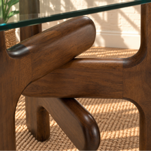 Load image into Gallery viewer, Amani rectangular glass dining table with sculptural solid rubberwood double pedestal base in walnut finish.
