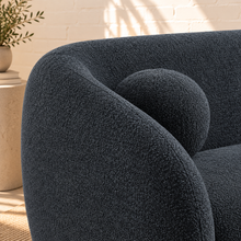 Load image into Gallery viewer, Amara slate navy curved sofa with textured upholstery, rounded arms, ball accent pillows, and wood bun feet
