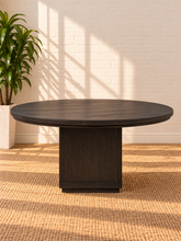 Load image into Gallery viewer, Image 3 of 4: Ansel 60-inch round dining table in Charcoal with burnished black finish and sculptural open pedestal base
