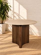 Load image into Gallery viewer, Archie 36-inch round dining table with genuine beige travertine top and solid mango wood pedestal in a rich natural brown walnut finish.
