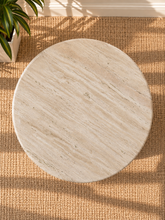 Load image into Gallery viewer, Archie 36-inch round dining table with genuine beige travertine top and solid mango wood pedestal in a rich natural brown walnut finish.
