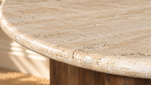 Load image into Gallery viewer, Archie 36-inch round dining table with genuine beige travertine top and solid mango wood pedestal in a rich natural brown walnut finish.
