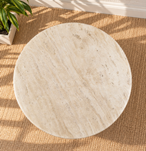 Load image into Gallery viewer, Archie 48-inch round dining table with genuine beige travertine top and solid mango wood pedestal in a rich natural brown walnut finish.
