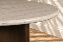 Load image into Gallery viewer, Archie 48-inch round dining table with genuine beige travertine top and solid mango wood pedestal in a rich natural brown walnut finish.
