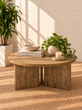 Load image into Gallery viewer, Image 2 of 5: Arni 35.5-inch round wood coffee table in Weathered Natural with sculptural three-panel base and wood-grain finish
