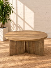 Load image into Gallery viewer, Image 3 of 5: Arni 35.5-inch round wood coffee table in Weathered Natural with sculptural three-panel base and wood-grain finish
