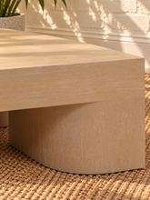 Load image into Gallery viewer, Arnold square coffee table in natural mindi wood veneer with a thick tabletop and sculptural curved supports.
