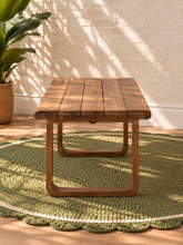 Load image into Gallery viewer, Asher rectangular outdoor dining table crafted from natural reclaimed teak wood with chunky square legs and visible wood grain.
