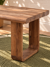 Load image into Gallery viewer, Asher rectangular outdoor dining table crafted from natural reclaimed teak wood with chunky square legs and visible wood grain.
