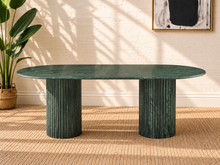 Load image into Gallery viewer, Atley oval dining table in Forest Green Verde genuine marble with two fluted cylindrical marble bases and natural stone veining.
