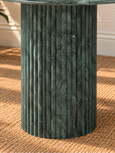 Load image into Gallery viewer, Atley oval dining table in Forest Green Verde genuine marble with two fluted cylindrical marble bases and natural stone veining.
