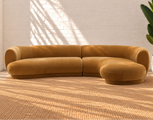 Load image into Gallery viewer, Audrey two-piece curved sectional sofa upholstered in mustard chenille with rounded arms and a sculptural wraparound back.
