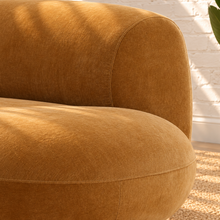 Load image into Gallery viewer, Audrey two-piece curved sectional sofa upholstered in mustard chenille with rounded arms and a sculptural wraparound back.
