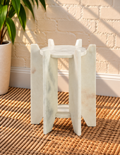 Load image into Gallery viewer, Avila marble side table in Arctic Pearl with round white marble tops and sculptural geometric base
