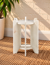 Load image into Gallery viewer, Avila marble side table in Arctic Pearl with round white marble tops and sculptural geometric base
