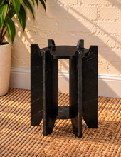 Load image into Gallery viewer, Avila marble side table in Noir Veil with round black marble tops and sculptural geometric supports

