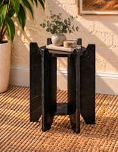 Load image into Gallery viewer, Avila marble side table in Noir Veil with round black marble tops and sculptural geometric supports
