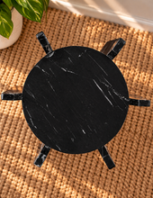 Load image into Gallery viewer, Avila marble side table in Noir Veil with round black marble tops and sculptural geometric supports
