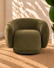 Load image into Gallery viewer, Axel olive green upholstered swivel accent chair with rounded arms, curved wraparound back and concealed black swivel base.

