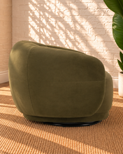 Load image into Gallery viewer, Axel olive green upholstered swivel accent chair with rounded arms, curved wraparound back and concealed black swivel base.
