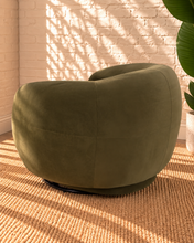 Load image into Gallery viewer, Axel olive green upholstered swivel accent chair with rounded arms, curved wraparound back and concealed black swivel base.
