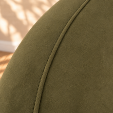 Load image into Gallery viewer, Axel olive green upholstered swivel accent chair with rounded arms, curved wraparound back and concealed black swivel base.
