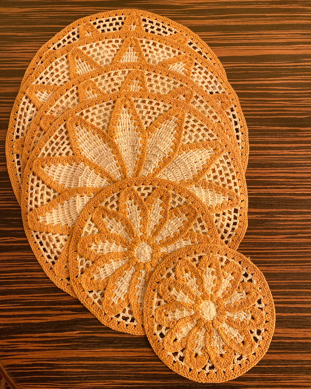 Vintage Set of 6 Gold and Cream Doilies - various sizes