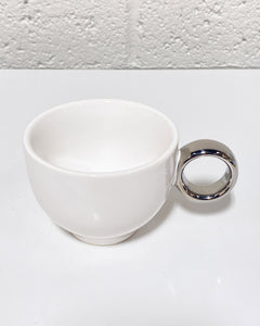 White Coffee Cup with Silver Ring Handle