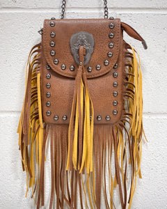 Faux Leather Crossbody with Fringe + Skull Detail