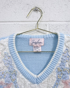 Vintage Baby Blue Sweater with Beaded Paisley Detail (M)