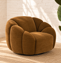 Load image into Gallery viewer, Bellamy camel brown upholstered swivel accent chair with layered rounded arms, tight back and black metal swivel base.
