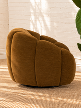 Load image into Gallery viewer, Bellamy camel brown upholstered swivel accent chair with layered rounded arms, tight back and black metal swivel base.
