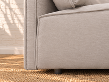 Load image into Gallery viewer, Blaire four piece modular sectional sofa upholstered in cloud gray fabric with four seat cushions, loose back cushions, and softly draped side cushions.
