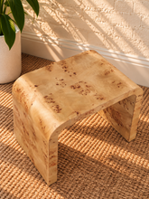 Load image into Gallery viewer, Blaise sculptural side table in natural Ash Burl with curved Art Deco-inspired frame
