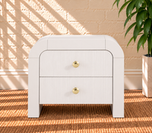 Load image into Gallery viewer, Blanca 2-drawer ash wood nightstand in Arctic White with curved frame and fluted drawer fronts.
