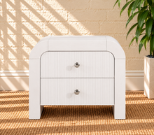 Load image into Gallery viewer, Blanca 2-drawer ash wood nightstand in Arctic White with curved frame and fluted drawer fronts.
