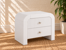 Load image into Gallery viewer, Blanca 2-drawer ash wood nightstand in Arctic White with curved frame and fluted drawer fronts.

